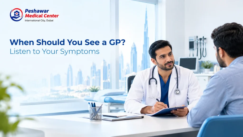 GP doctor in Dubai discussing symptoms with a patient